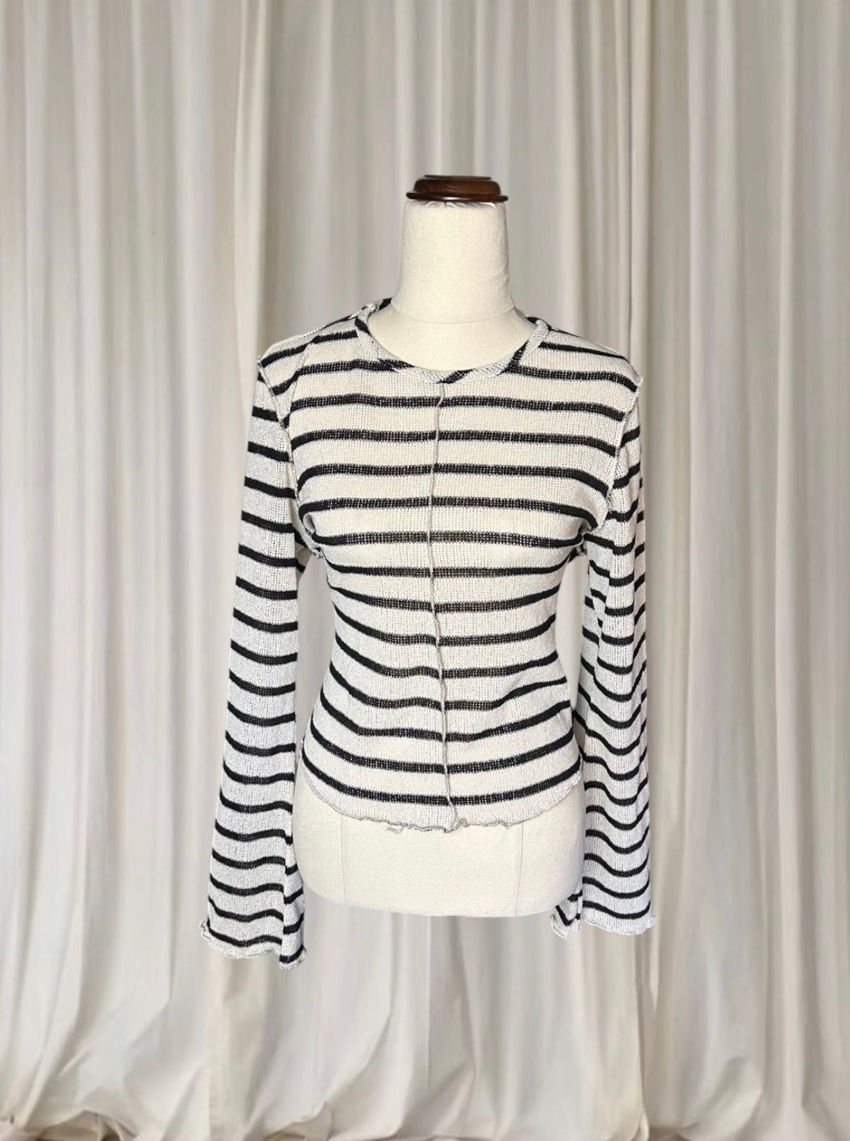 &Me Striped Raw Edge Knit Long Sleeve Top - Black And Cream - Image 1