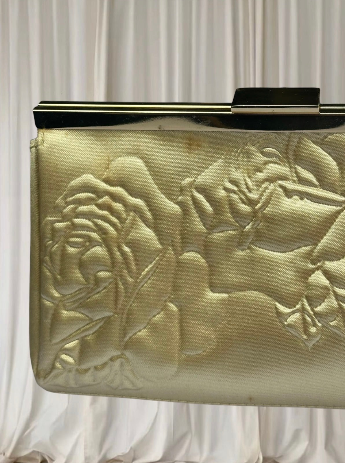 Estee Lauder Vintage Clutch - Gold Satin Rose Embossed Evening Bag - Image 7