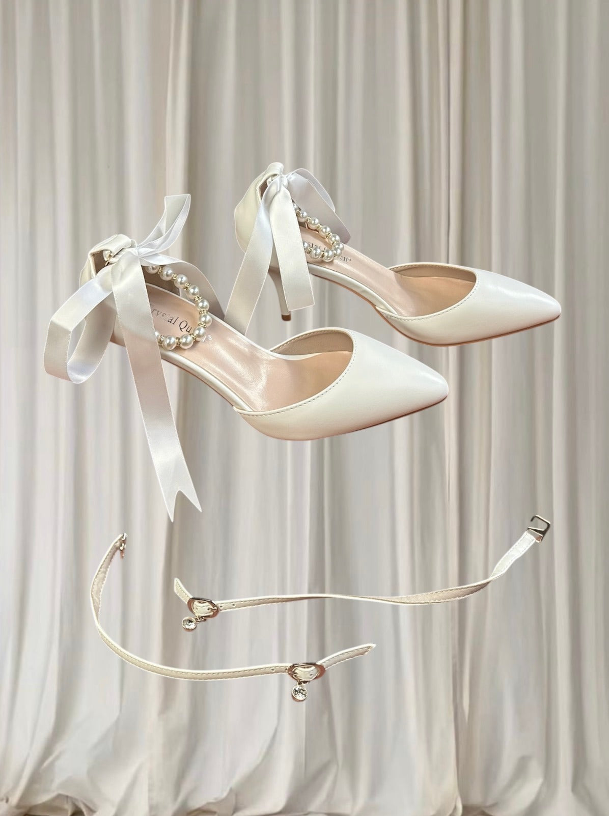 Crystal Queen White Pearl Ribbon Heels - Ankle Strap Pointed-Toe Heels 38 - Image 4