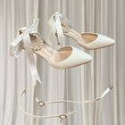 Crystal Queen White Pearl Ribbon Heels - Ankle Strap Pointed-Toe Heels 38 - Image 4