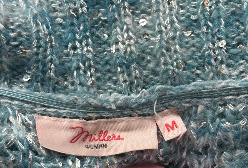 Metallic Off-the-Shoulder Knit Sweater - Blue Silver Women's M - Image 7