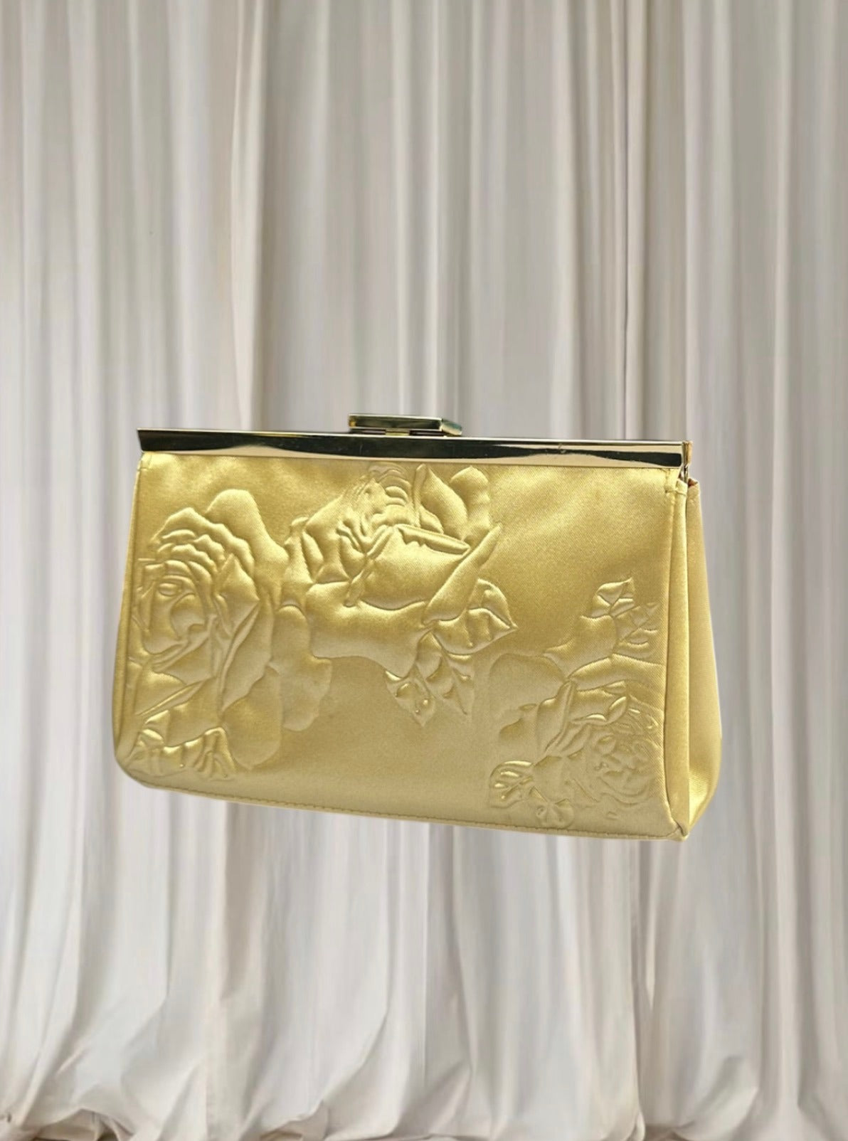 Estee Lauder Vintage Clutch - Gold Satin Rose Embossed Evening Bag - Image 1