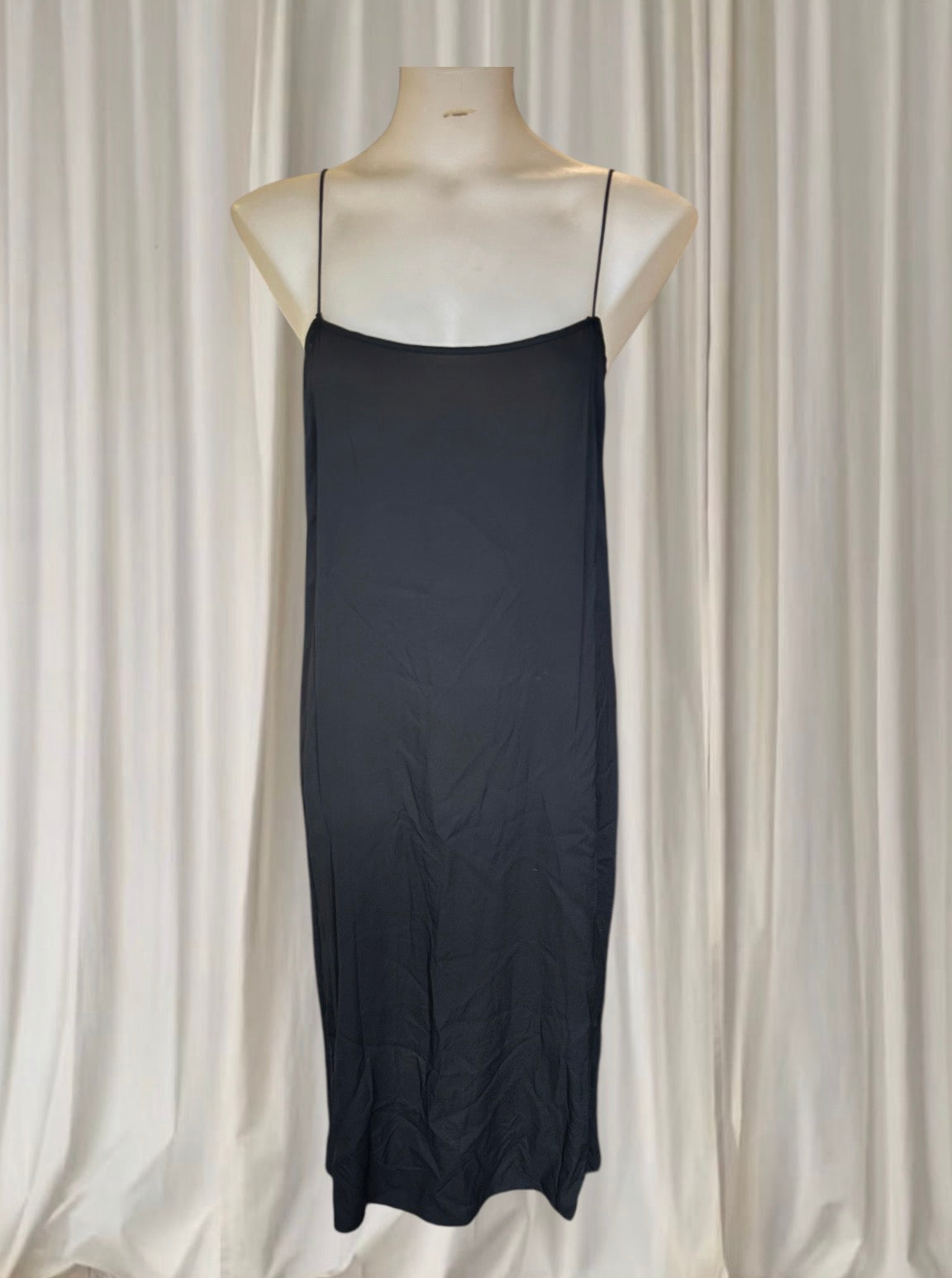 Vintage 90s Black Cotton Blend Midi Slip Dress - Silk Lined Minimalist Silhouette