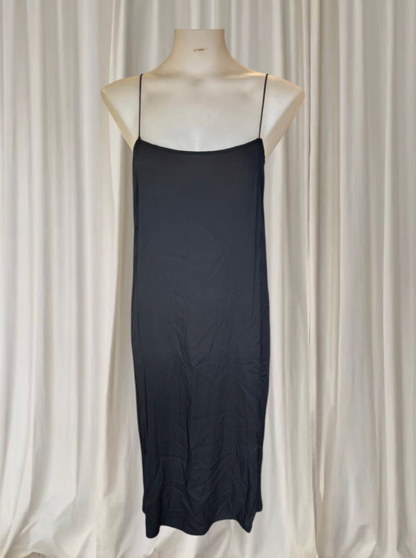 Vintage 90s Black Cotton Blend Midi Slip Dress - Silk Lined Minimalist Silhouette