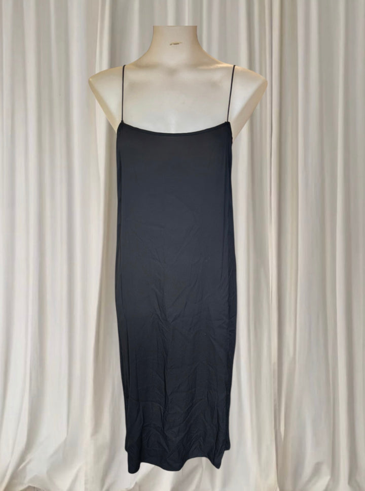 Vintage 90s Black Cotton Blend Midi Slip Dress - Silk Lined Minimalist Silhouette