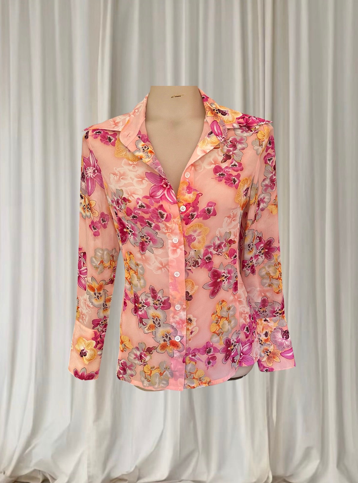 Orchid Vintage Floral Blouse - Sheer Peach Pink Button-Down