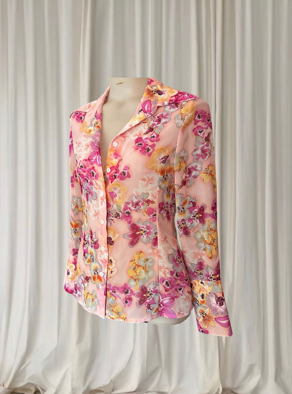 Orchid Vintage Floral Blouse - Sheer Peach Pink Button-Down