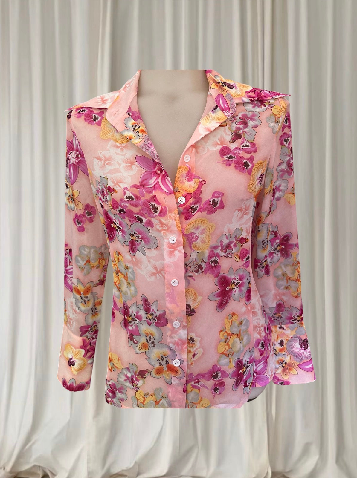 Orchid Vintage Floral Blouse - Sheer Peach Pink Button-Down