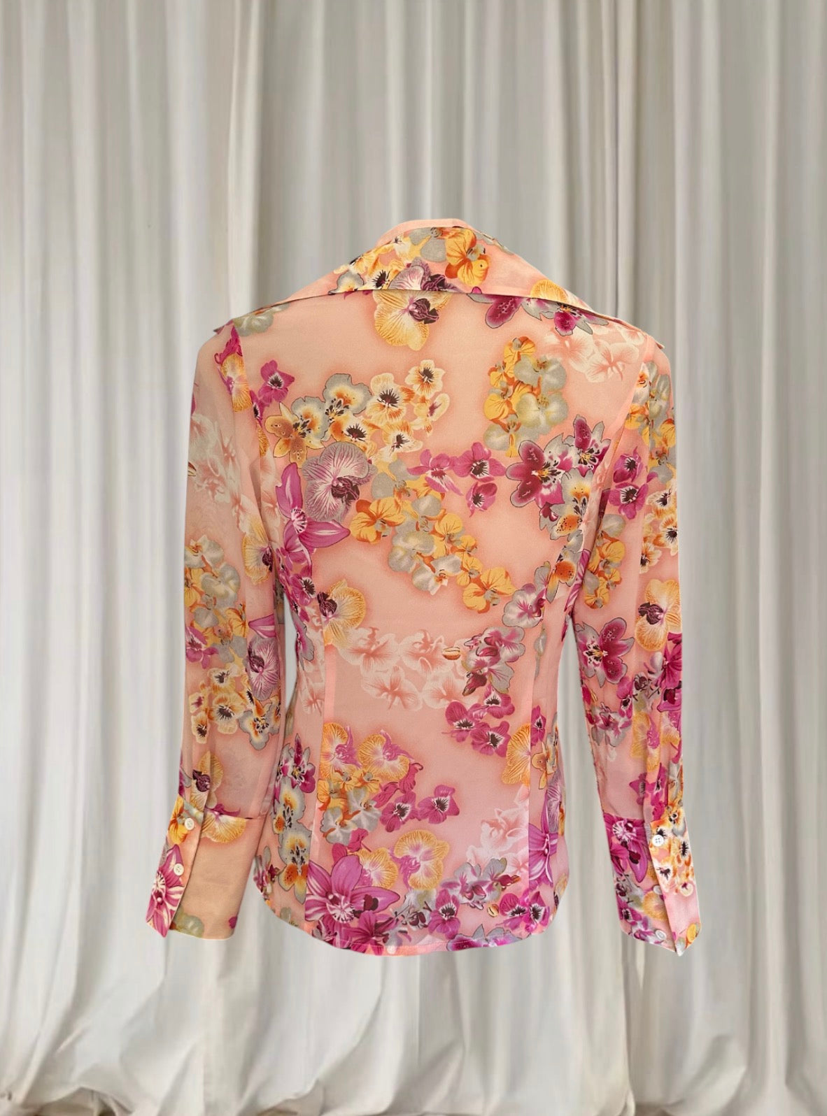 Orchid Vintage Floral Blouse - Sheer Peach Pink Button-Down