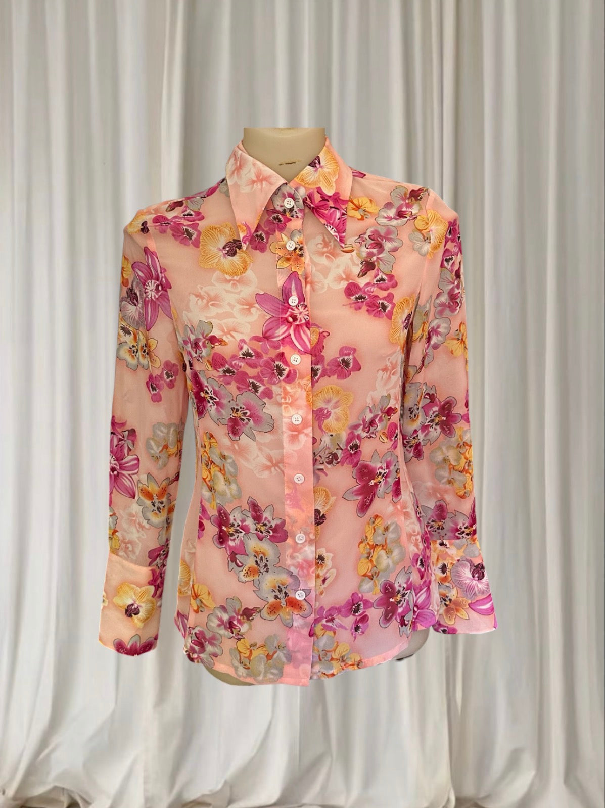 Orchid Vintage Floral Blouse - Sheer Peach Pink Button-Down