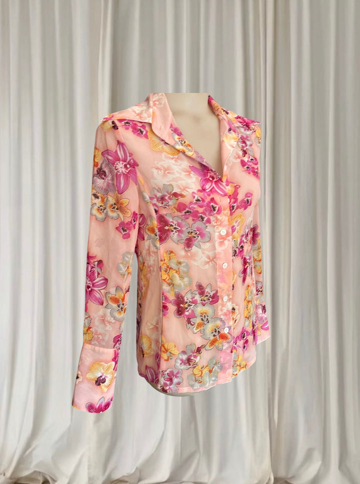 Orchid Vintage Floral Blouse - Sheer Peach Pink Button-Down