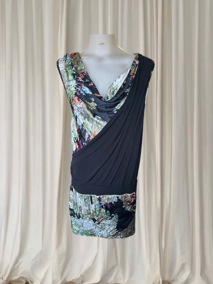 Contrast Asymmetrical Cowl Neck Dress - Sleeveless Modern Evening Wear - Image 1