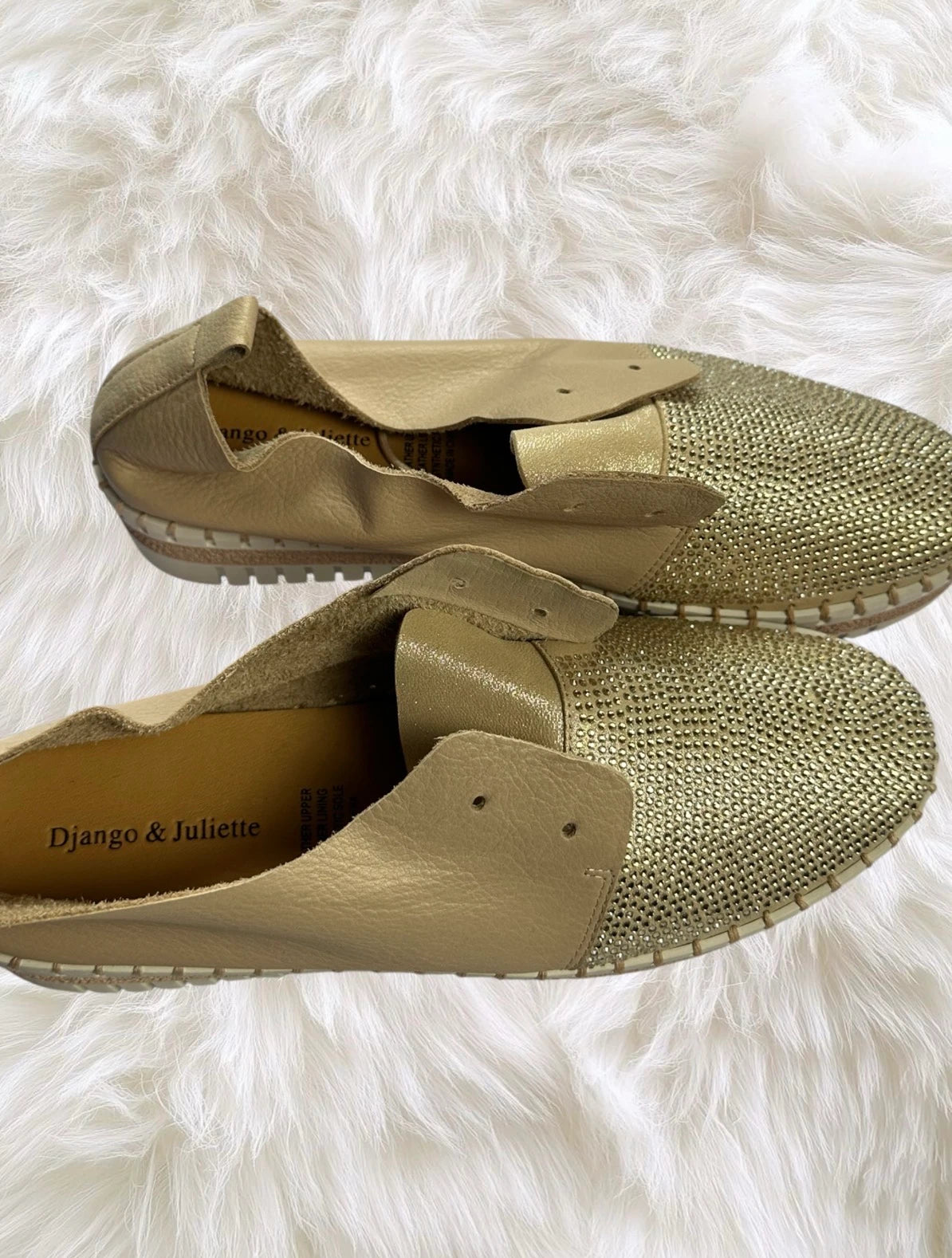 Django & Juliette Gold Leather Diamante Platform Flats - Shimmering Comfort & Style - Image 6