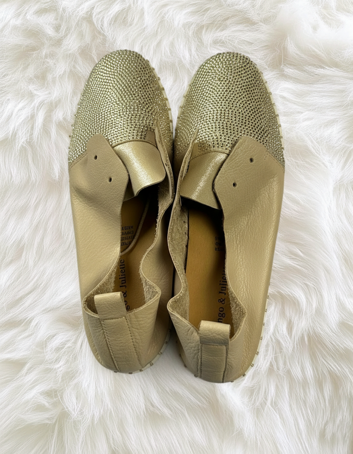 Django & Juliette Gold Leather Diamante Platform Flats - Shimmering Comfort & Style - Image 1