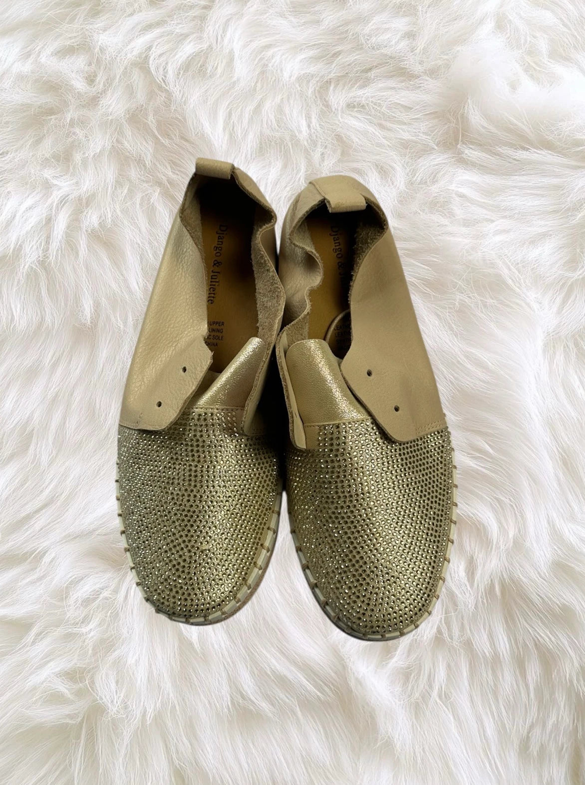 Django & Juliette Gold Leather Diamante Platform Flats - Shimmering Comfort & Style - Image 2