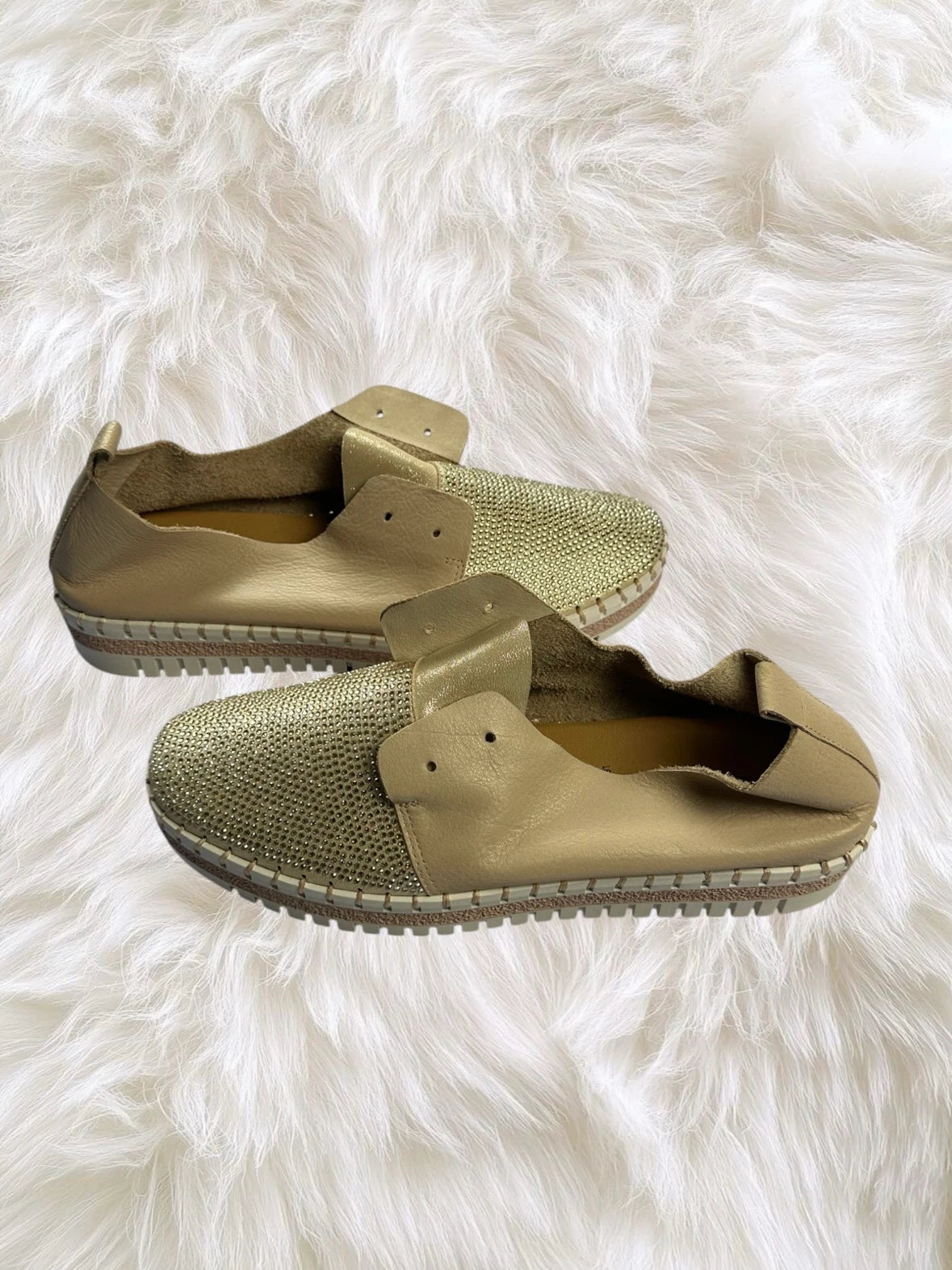 Django & Juliette Gold Leather Diamante Platform Flats - Shimmering Comfort & Style - Image 3