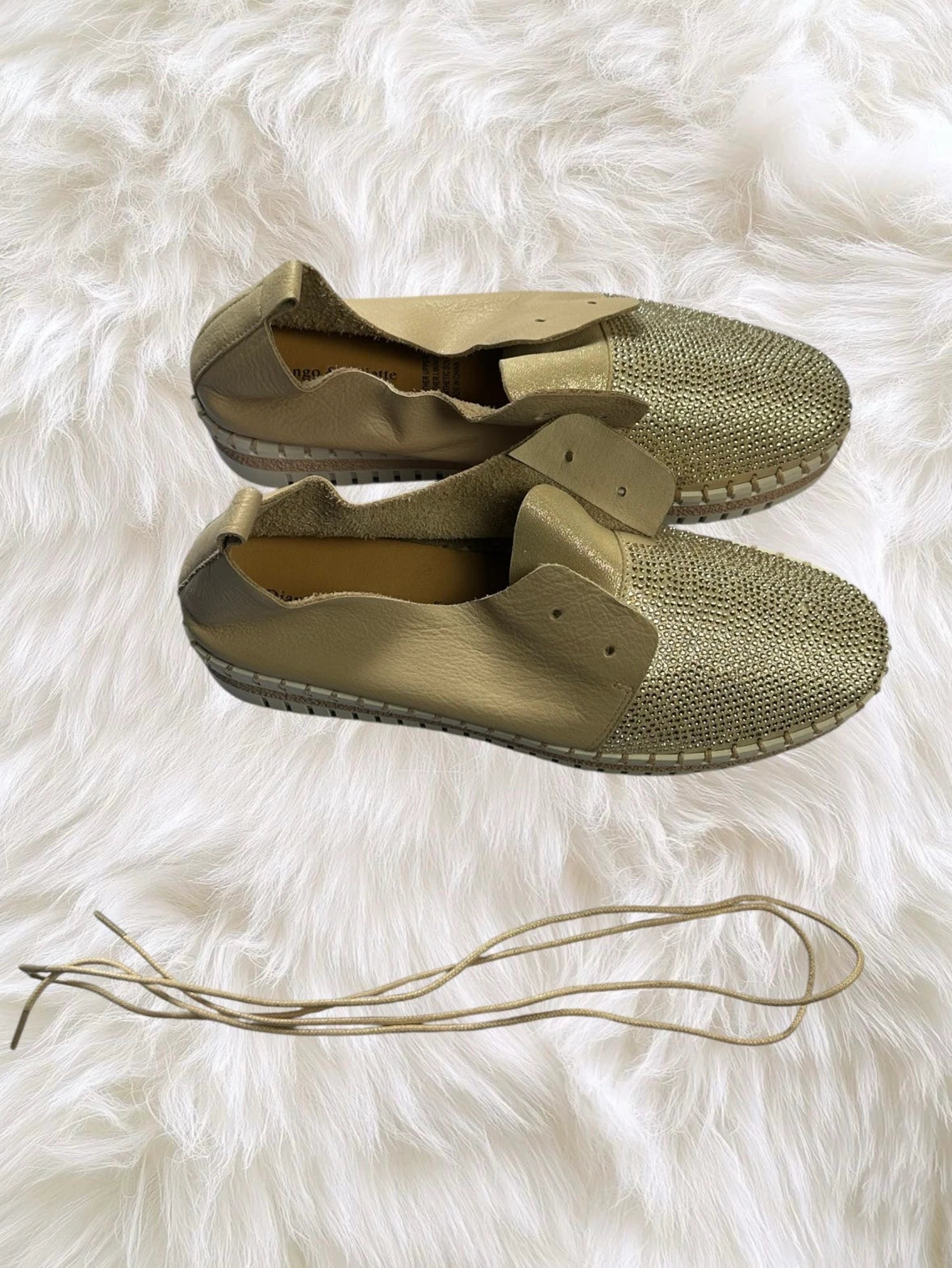 Django & Juliette Gold Leather Diamante Platform Flats - Shimmering Comfort & Style - Image 4