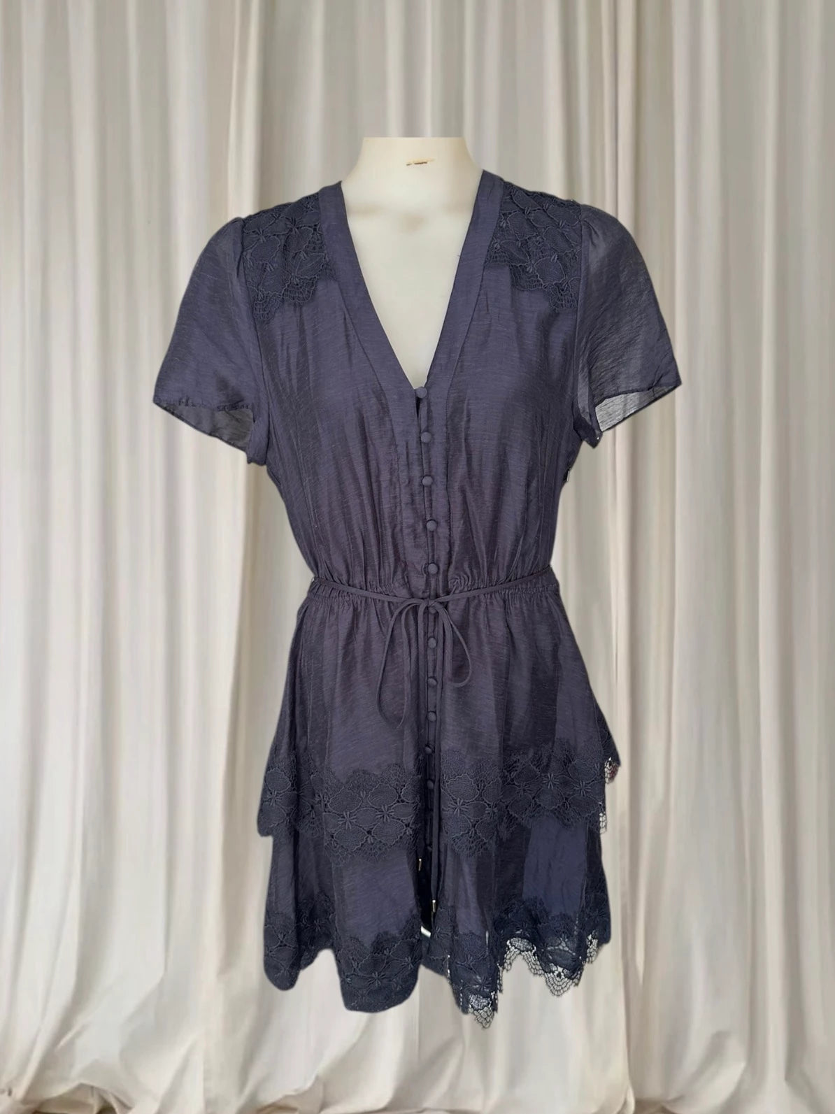 Forever New Emmy Lace Trim Mini Dress - Navy Blue Tiered Design - Image 1