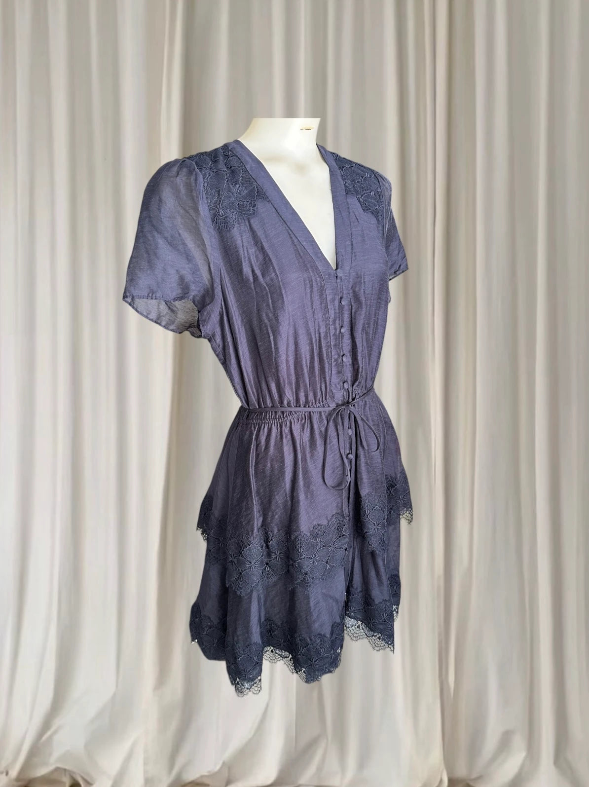 Forever New Emmy Lace Trim Mini Dress - Navy Blue Tiered Design - Image 3