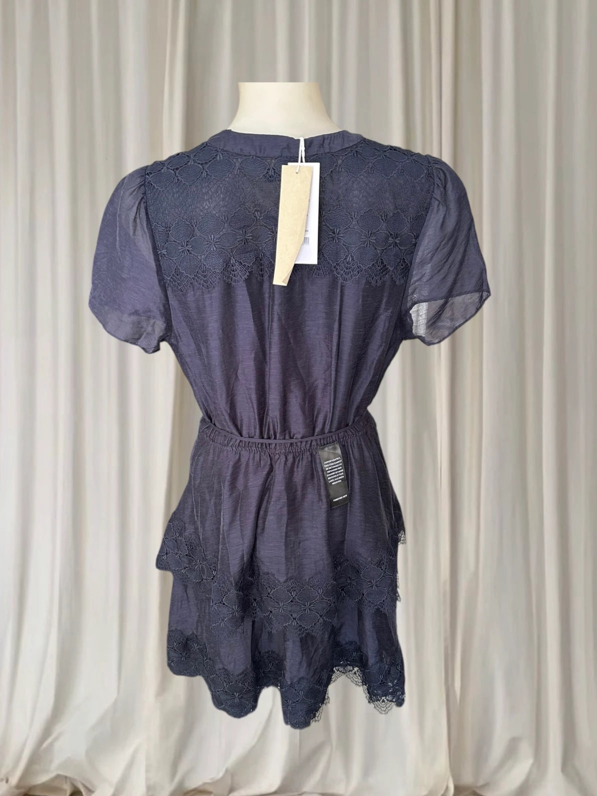Forever New Emmy Lace Trim Mini Dress - Navy Blue Tiered Design - Image 5