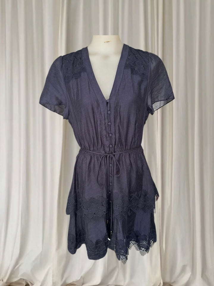 Forever New Emmy Lace Trim Mini Dress - Navy Blue Tiered Design - Image 1