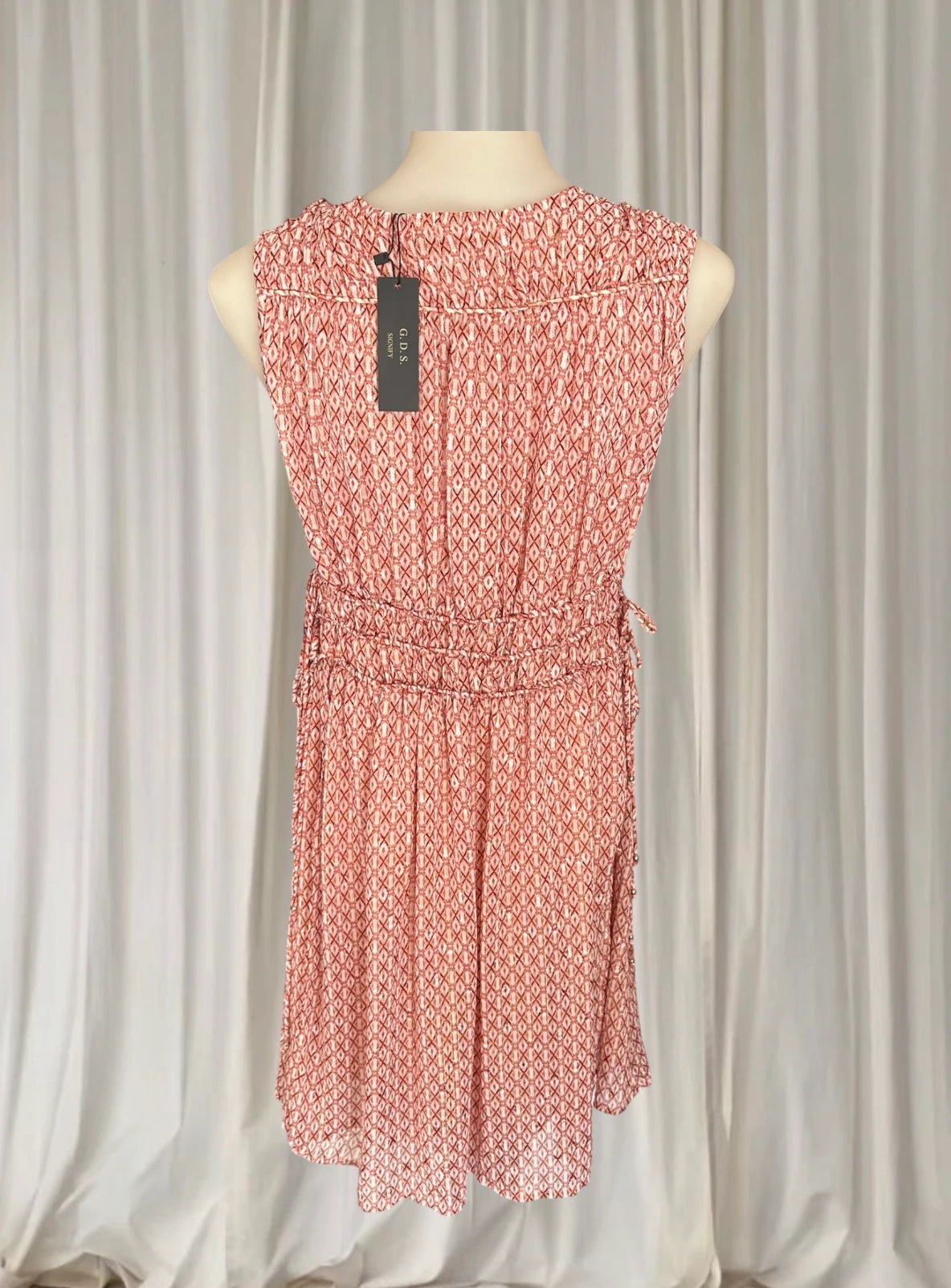 G.D.S. Signify Sleeveless Dress - Coral Geometric Print with Drawstring Waist - Image 4