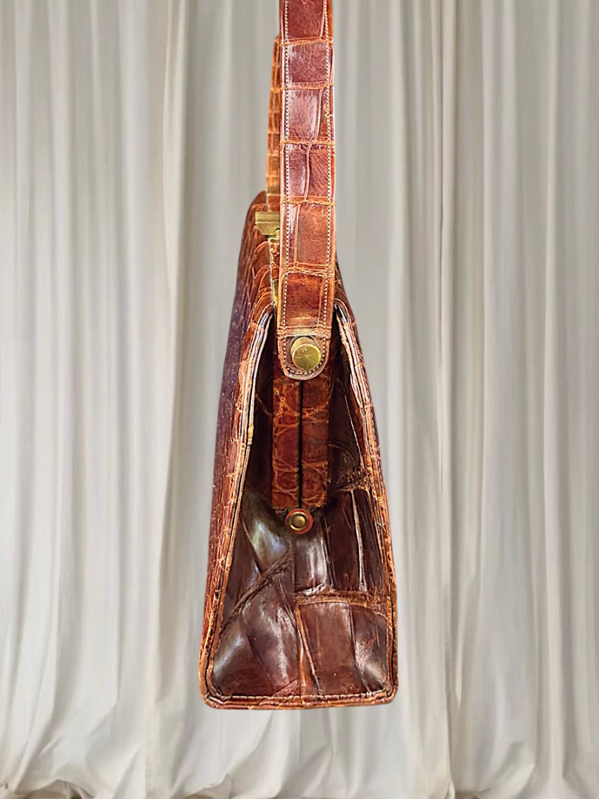 Vintage 1950s Brown Genuine Crocodile Leather Top Handle Handbag RARE