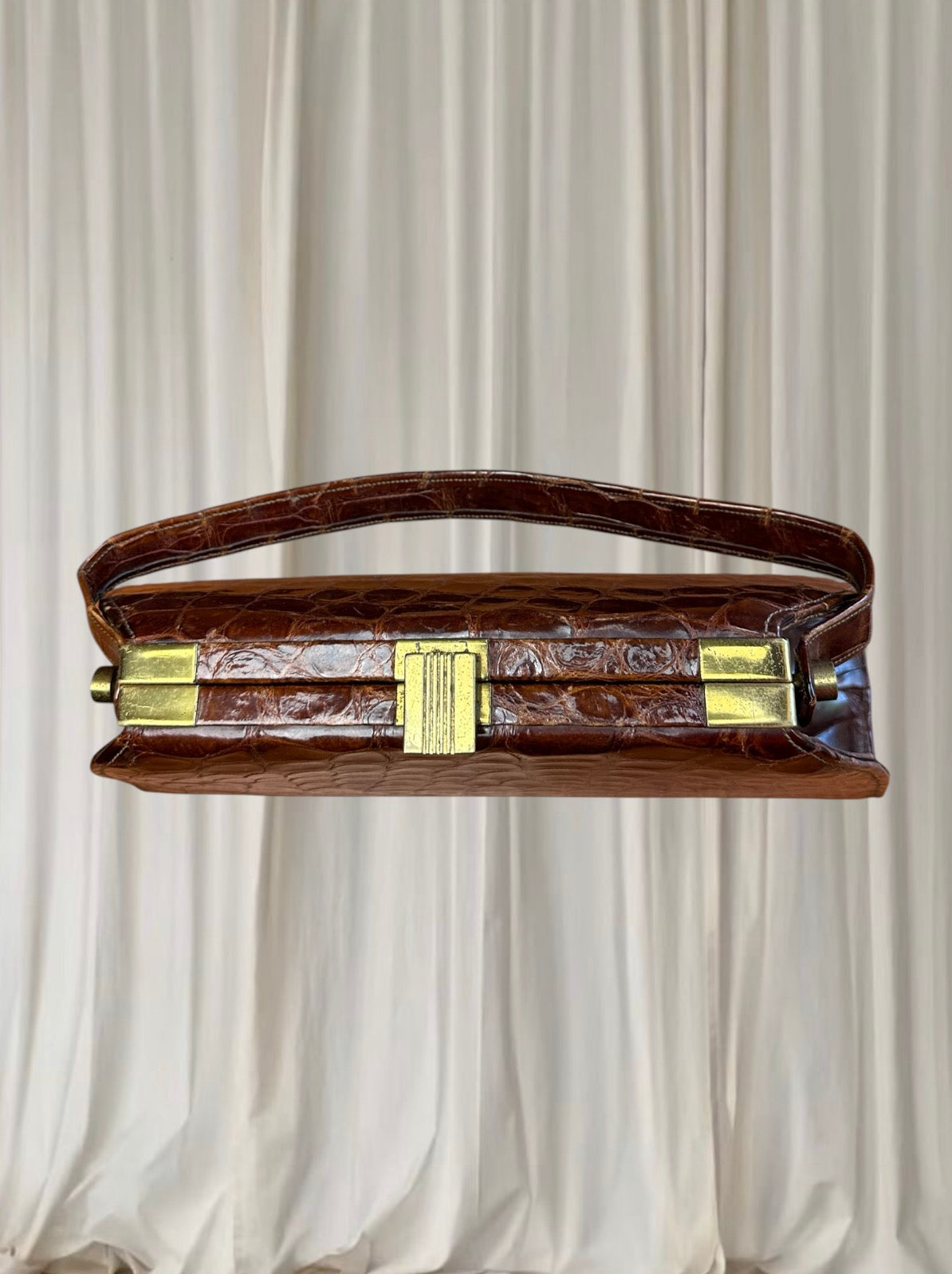 Vintage 1950s Brown Genuine Crocodile Leather Top Handle Handbag RARE