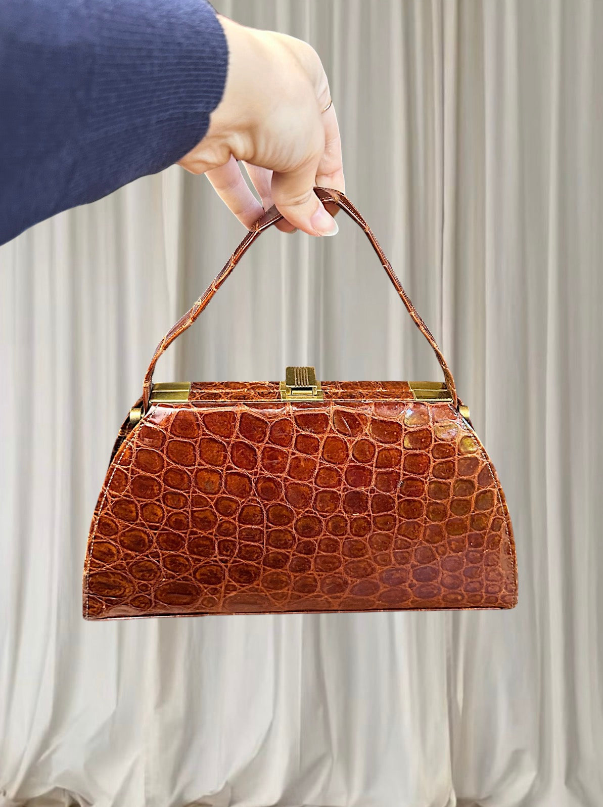 Vintage 1950s Brown Genuine Crocodile Leather Top Handle Handbag RARE