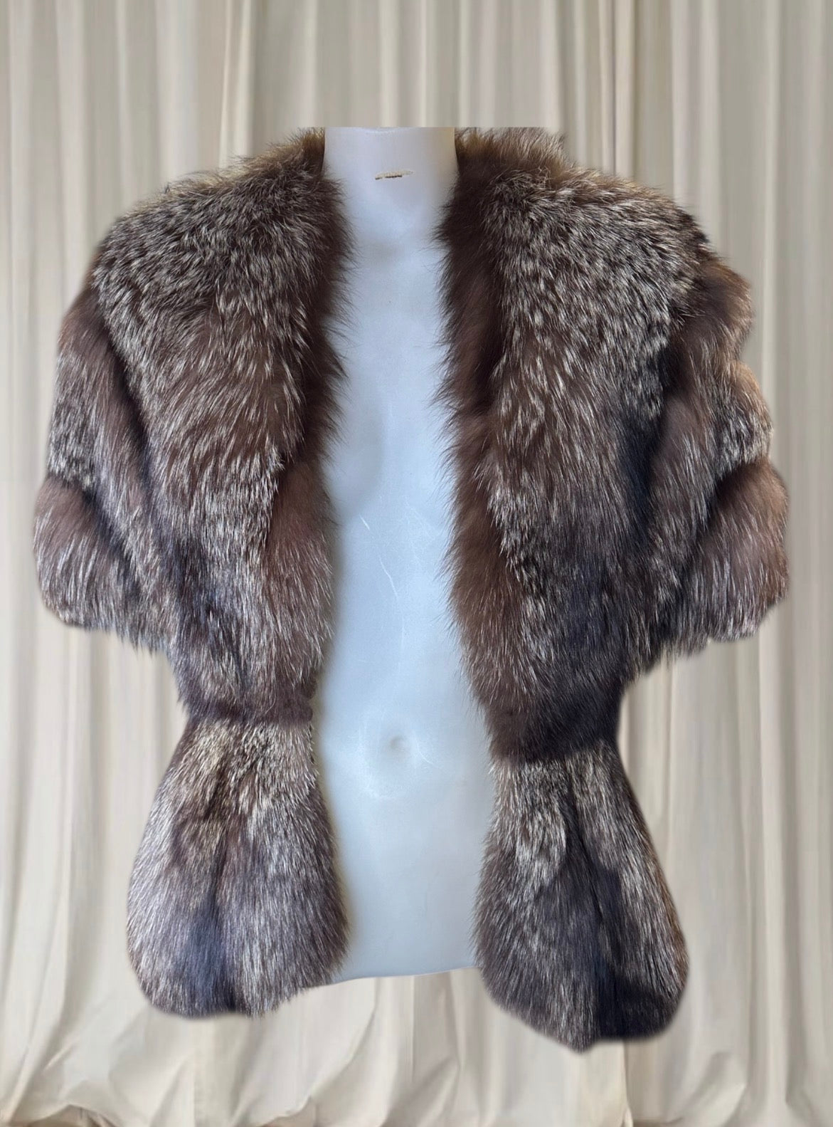 Genuine Fur Shawl Jacket with Beaded Clasp – Taxidermy Fur Statement Piece.