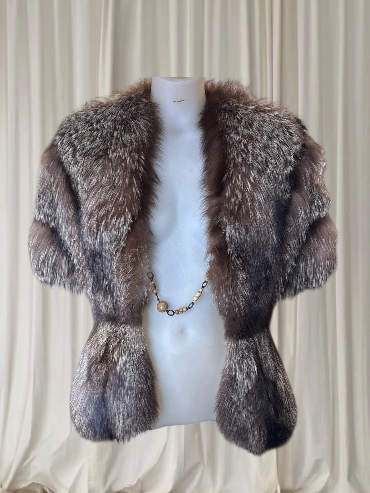Genuine Fur Shawl Jacket with Beaded Clasp – Taxidermy Fur Statement Piece.