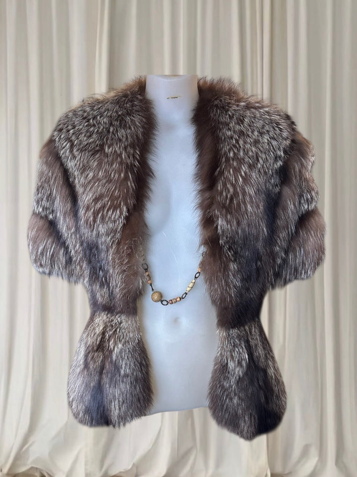 Genuine Fur Shawl Jacket with Beaded Clasp – Taxidermy Fur Statement Piece.