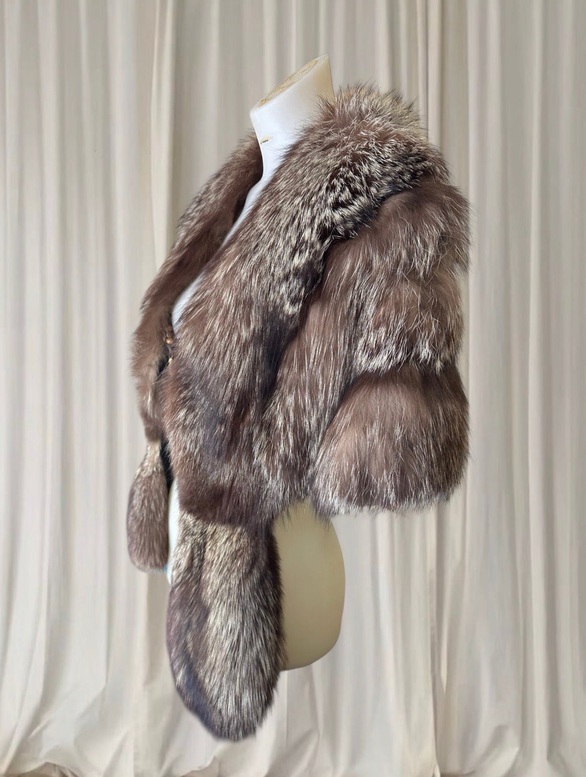 Genuine Fur Shawl Jacket with Beaded Clasp – Taxidermy Fur Statement Piece.