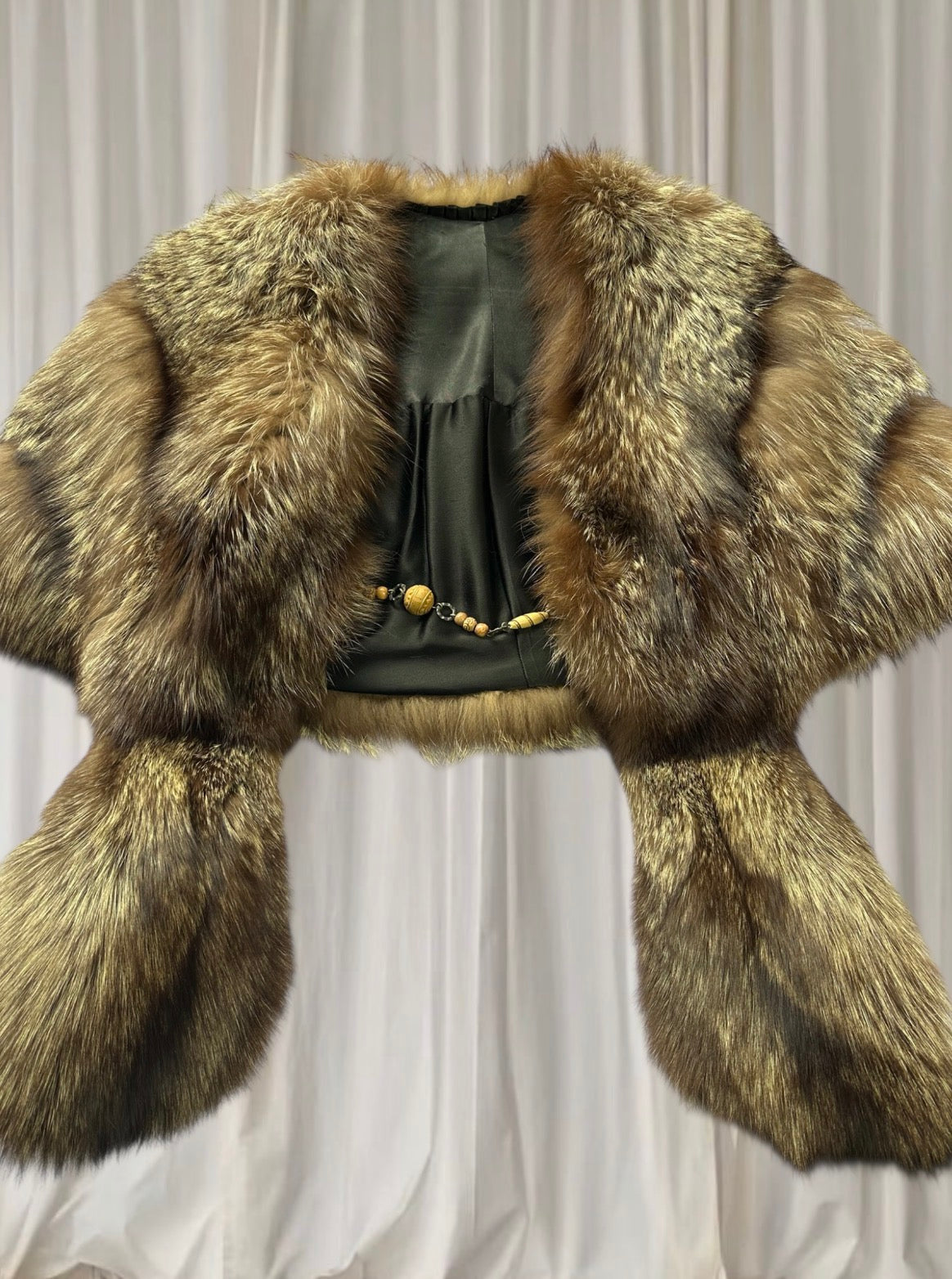Genuine Fur Shawl Jacket with Beaded Clasp – Taxidermy Fur Statement Piece.