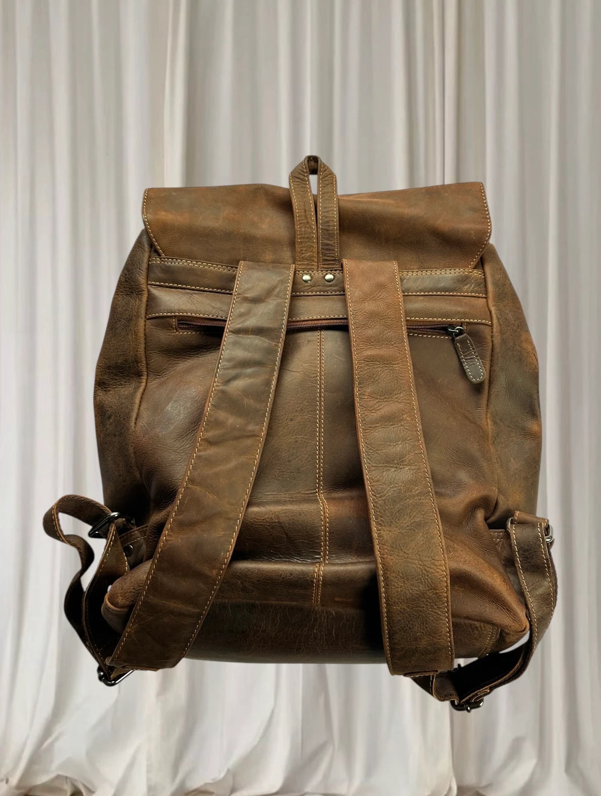 Green Wood Handmade Genuine Leather Backpack - Vintage Brown Travel Rucksack - Image 4