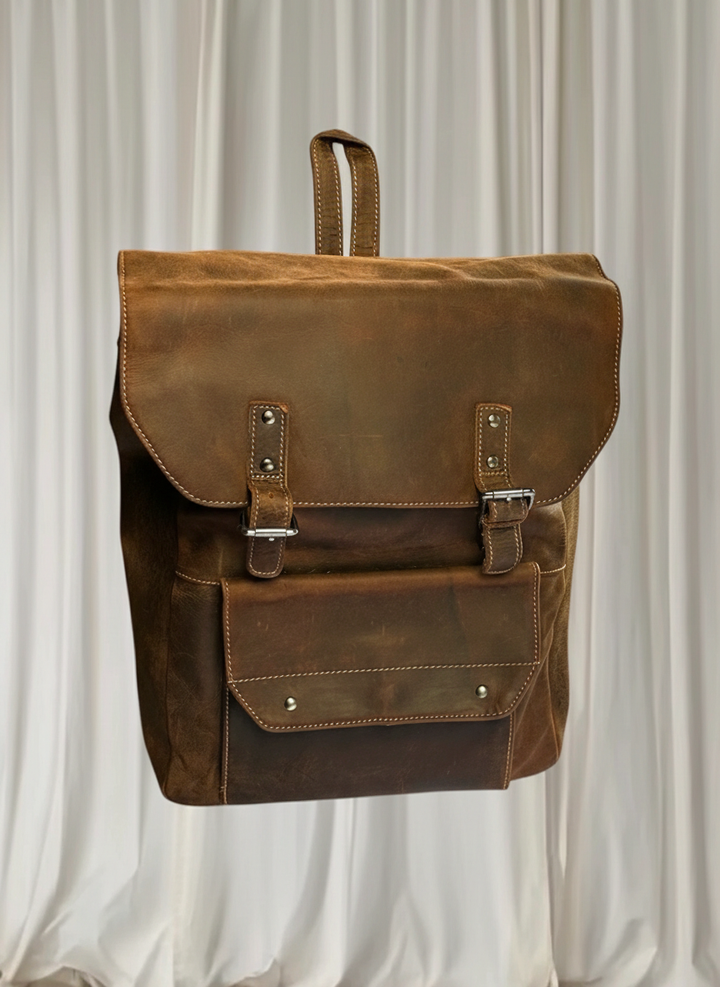 Green Wood Handmade Genuine Leather Backpack - Vintage Brown Travel Rucksack - Image 1