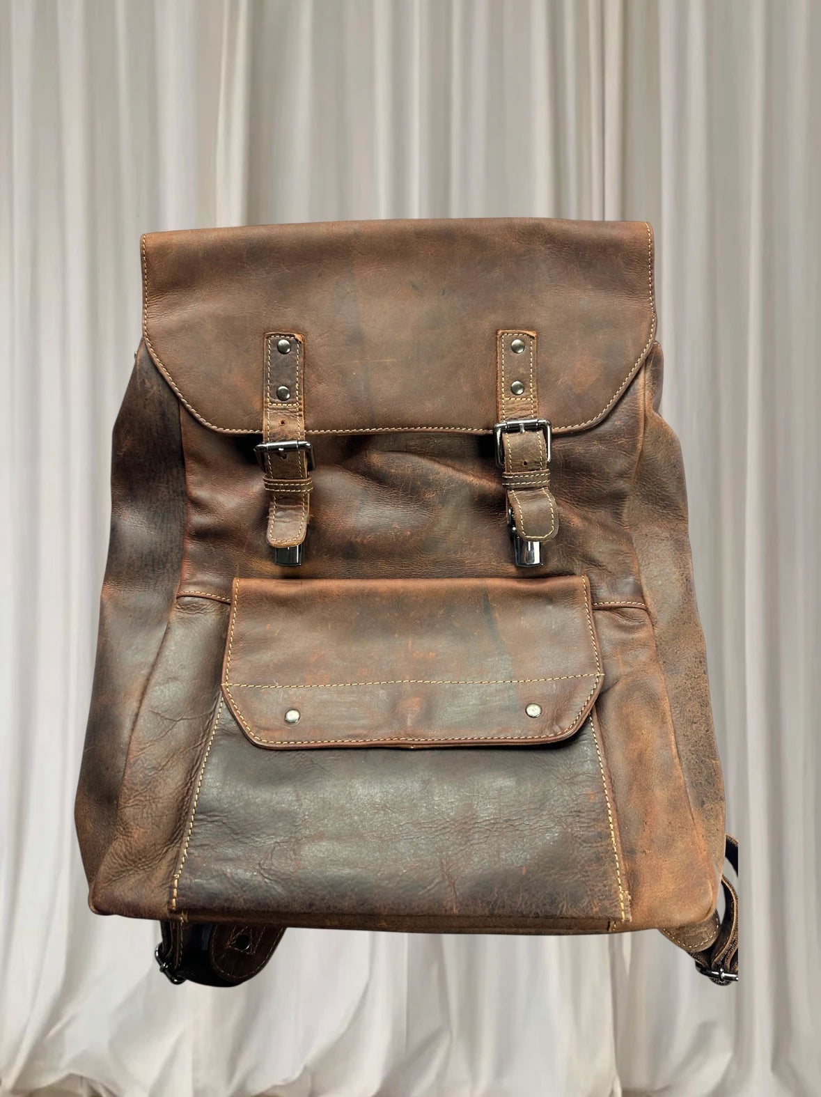 Green Wood Handmade Genuine Leather Backpack - Vintage Brown Travel Rucksack - Image 2