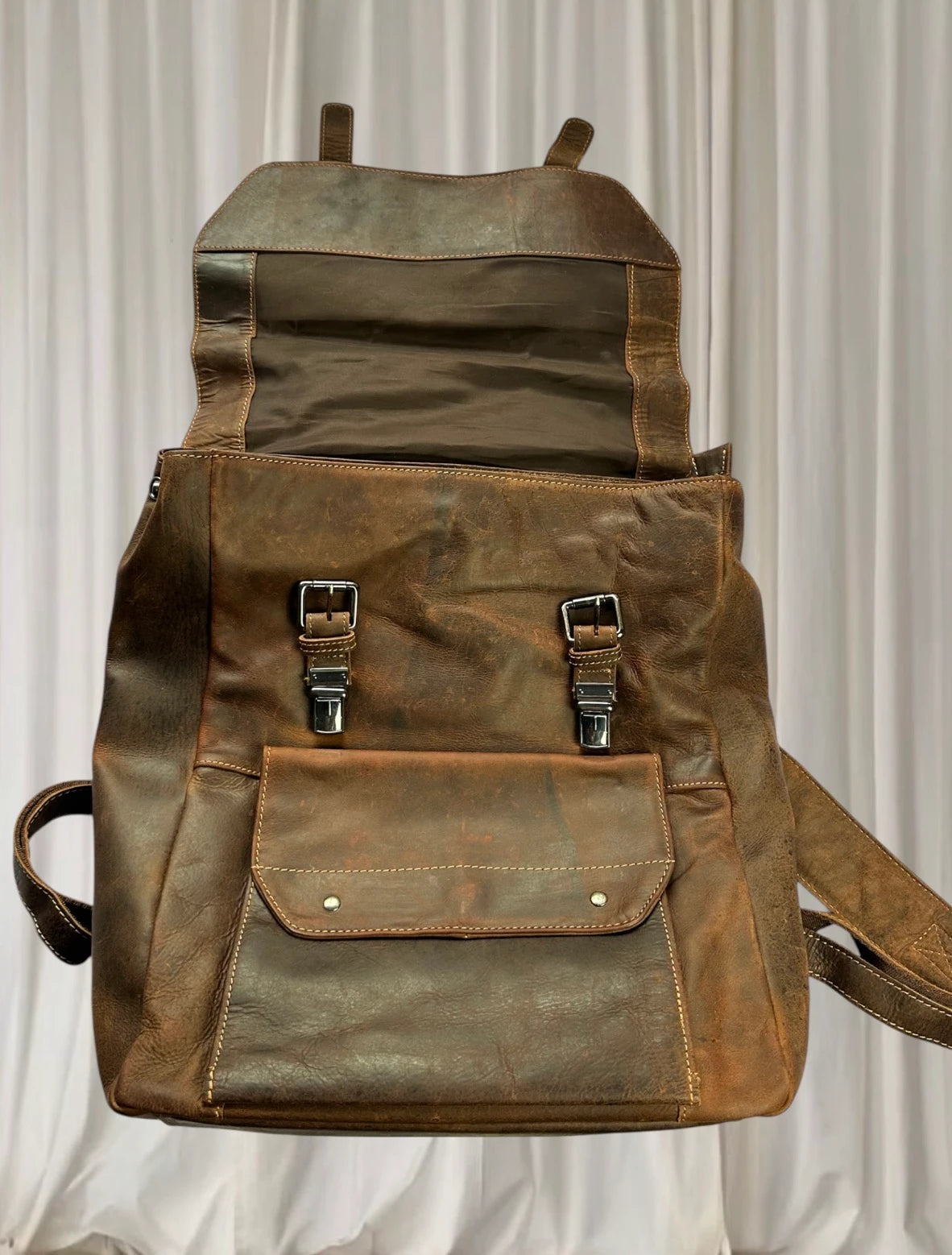 Green Wood Handmade Genuine Leather Backpack - Vintage Brown Travel Rucksack - Image 3