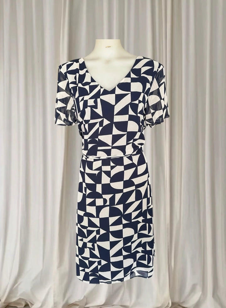 Jacqui E Wrap Dress - Blue Geometric Print Size 16 - Image 1