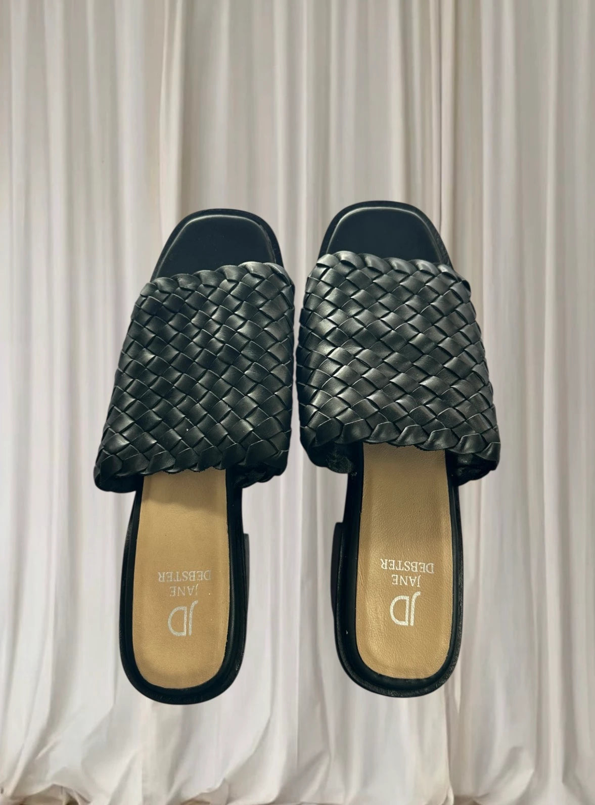 Jane Debster Black Mules - Sophisticated Pleated Block Heel Shoes - Image 1