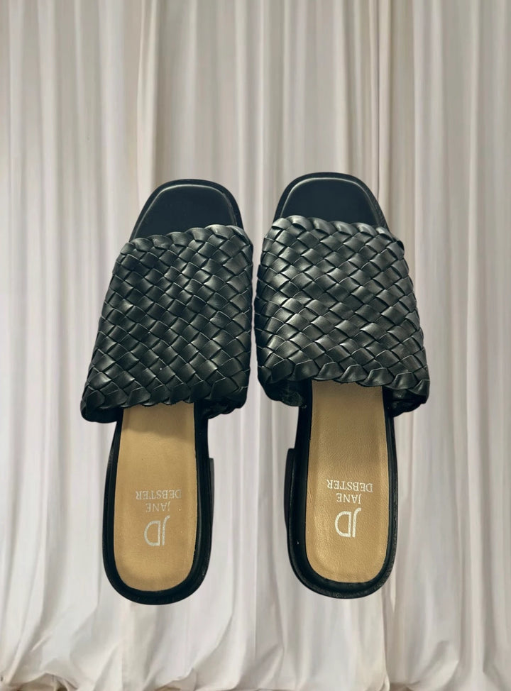 Jane Debster Black Mules - Sophisticated Pleated Block Heel Shoes - Image 1