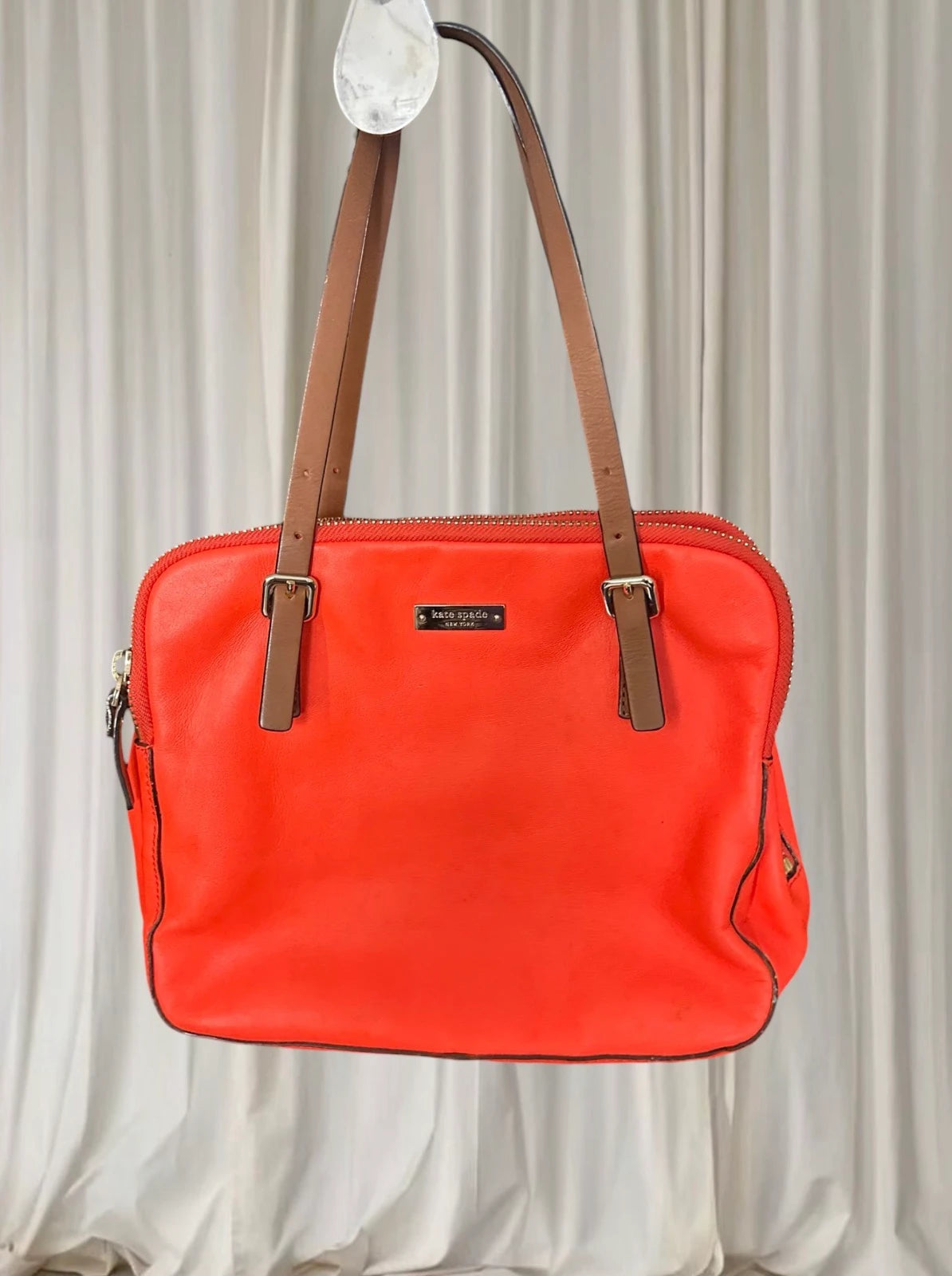 Kate Spade New York Shoulder Bag - Vibrant Orange Leather with Striped Interior - Image 6