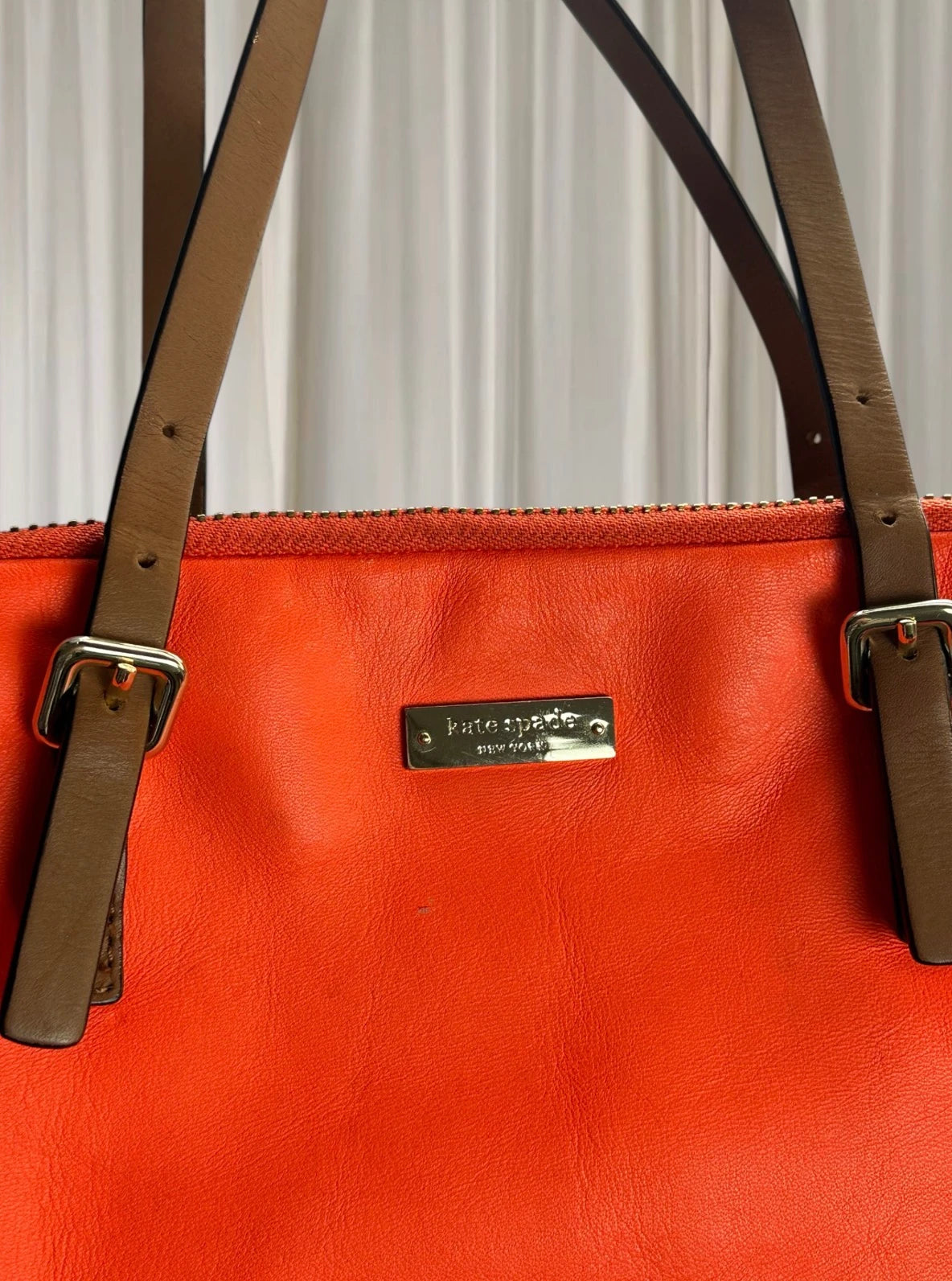 Kate Spade New York Shoulder Bag - Vibrant Orange Leather with Striped Interior - Image 2
