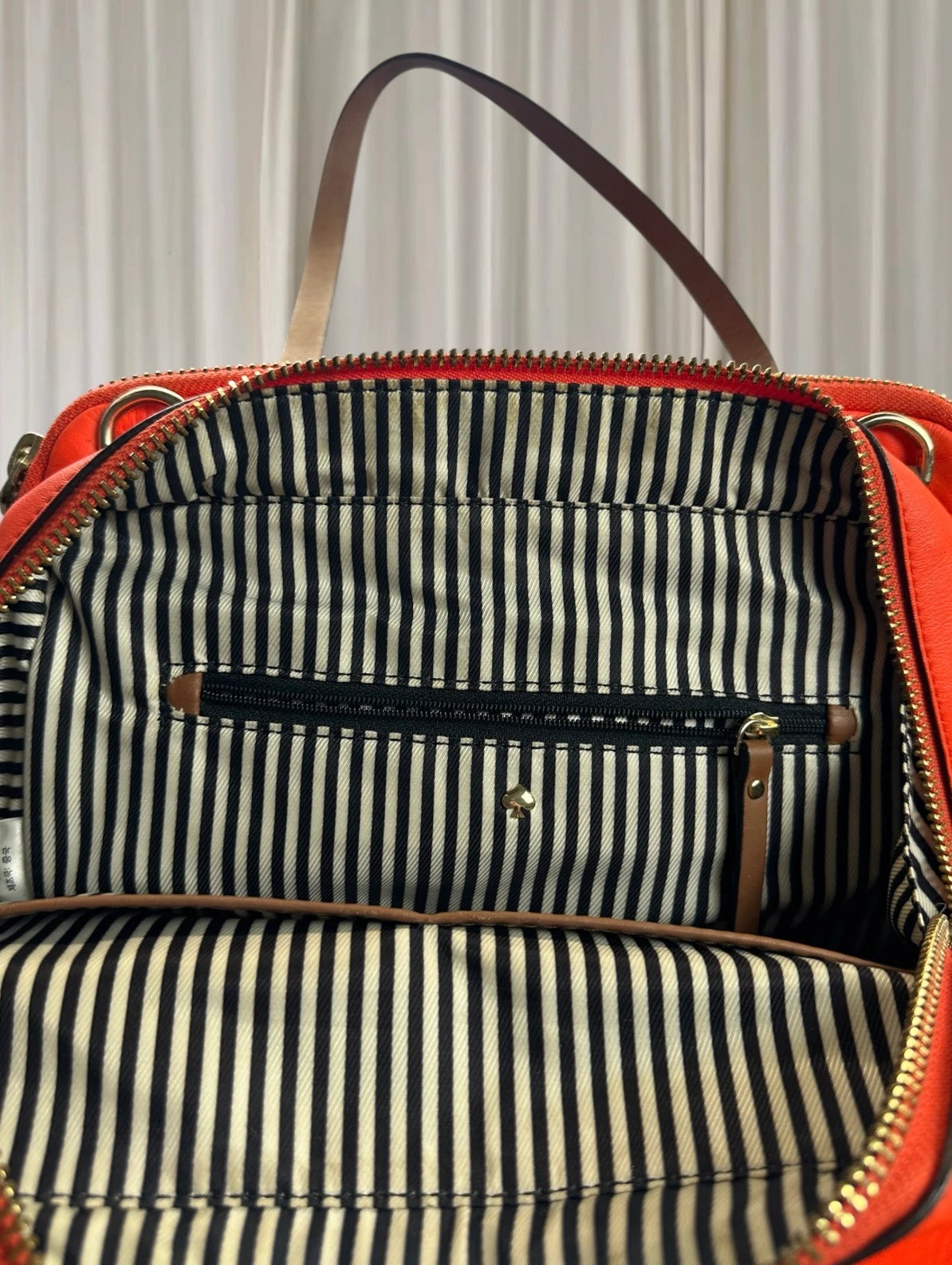 Kate Spade New York Shoulder Bag - Vibrant Orange Leather with Striped Interior - Image 4