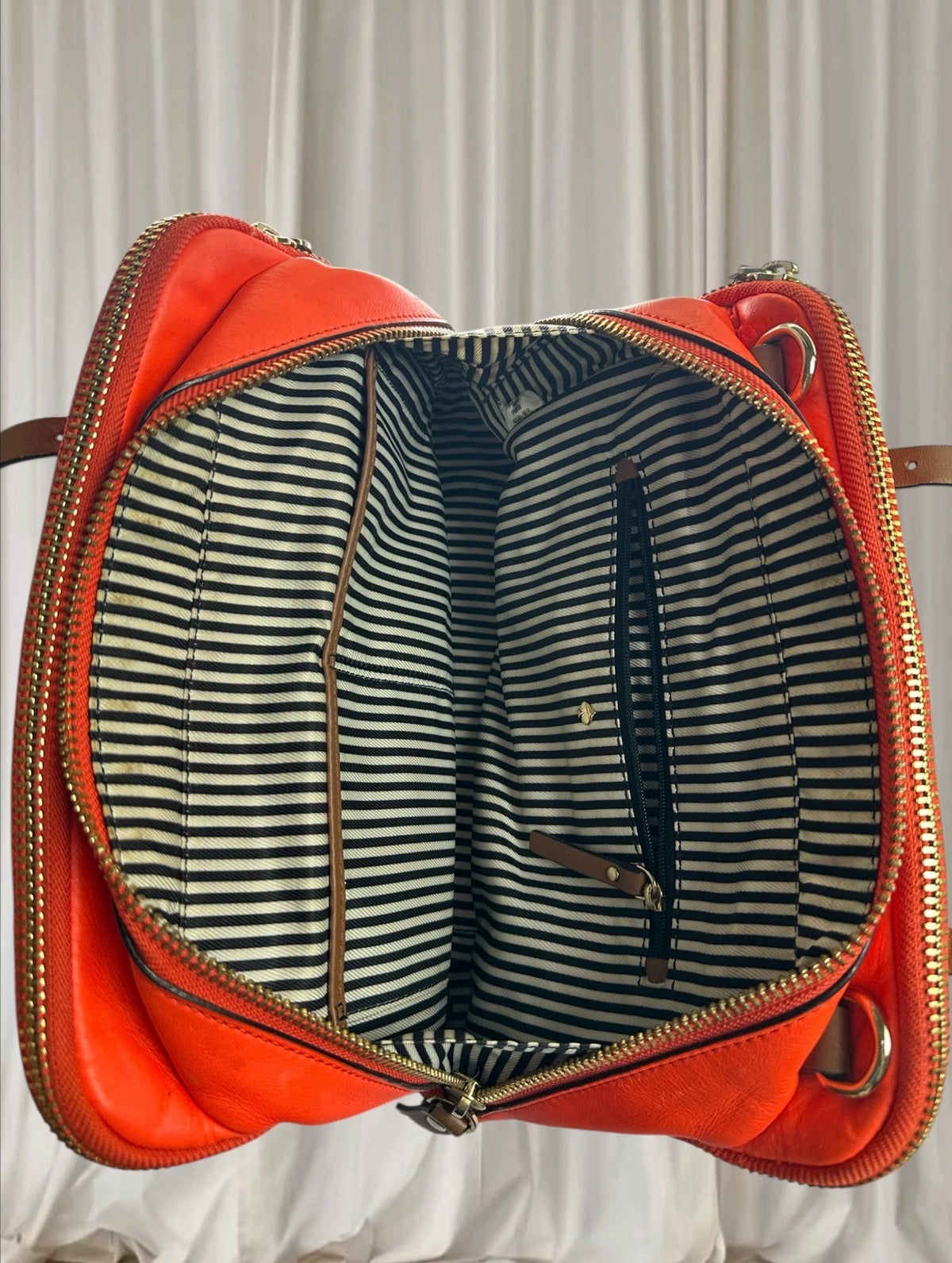 Kate Spade New York Shoulder Bag - Vibrant Orange Leather with Striped Interior - Image 5