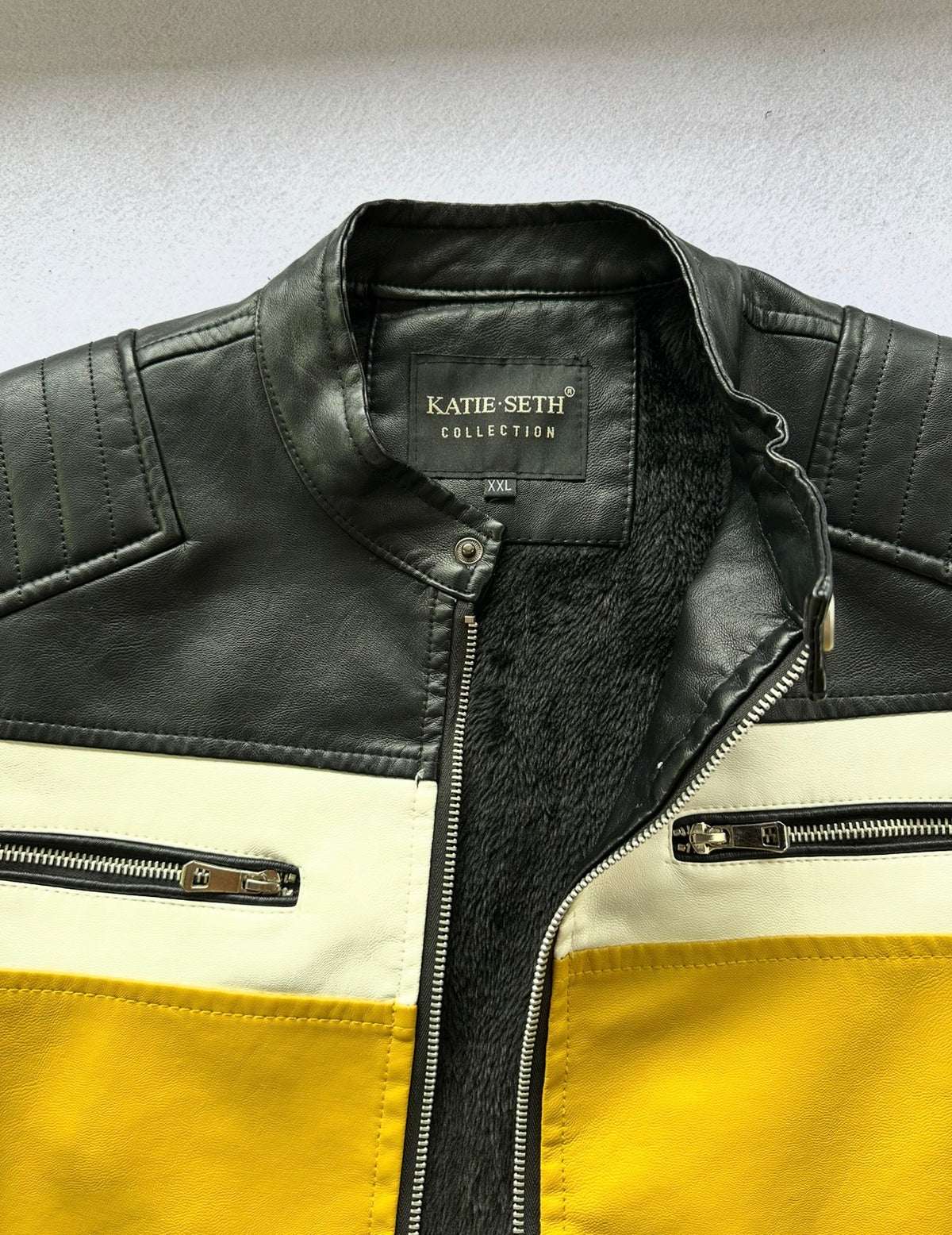 Vintage Katie Seth Unisex Yellow and Black Biker Motorcycle Jacket