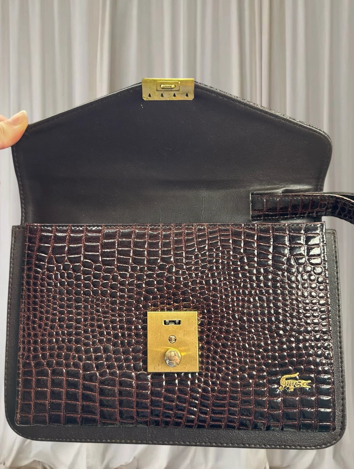 Lacoste Faux Crocodile Clutch Bag - Burgundy with Gold-Tone Hardware - Image 3