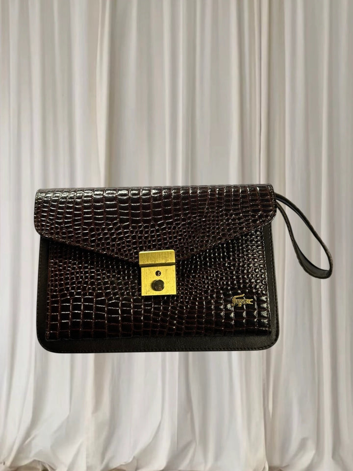 Lacoste Faux Crocodile Clutch Bag - Burgundy with Gold-Tone Hardware - Image 1
