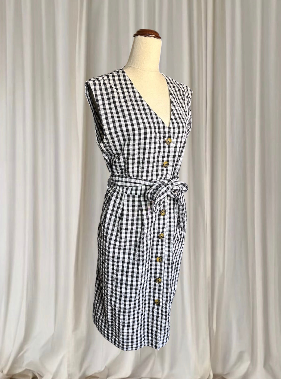 Spring Gingham Black and White Button-Front Sleeveless Tie Waist Midi Dress Size M