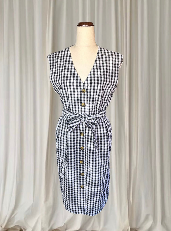 Spring Gingham Black and White Button-Front Sleeveless Tie Waist Midi Dress Size M